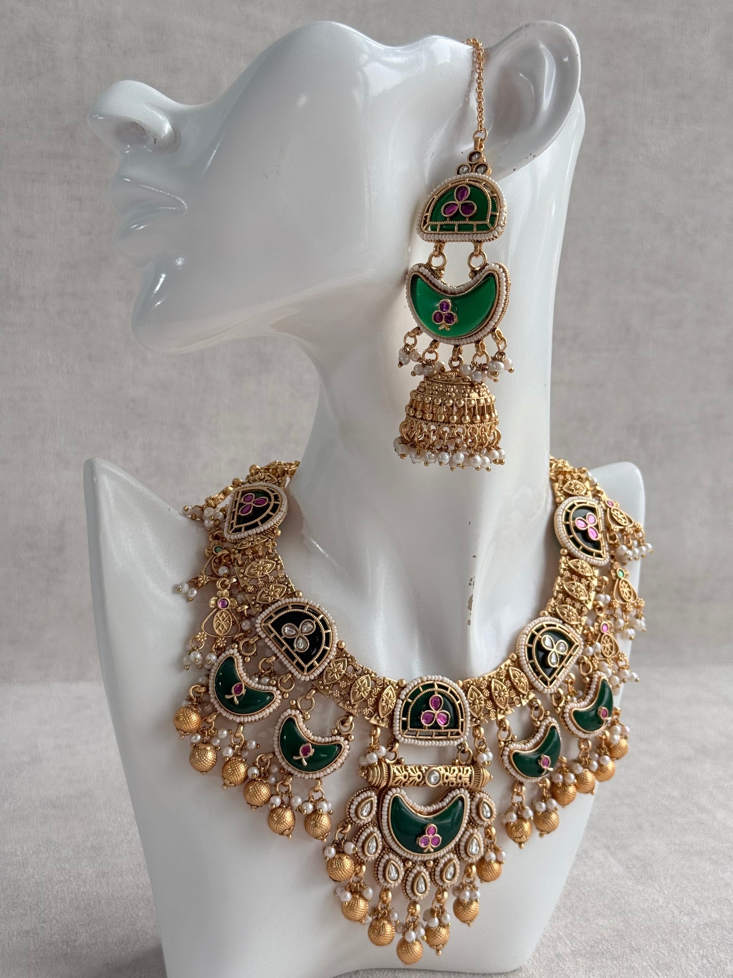 Ayura Designs Tafiza Necklace Set with Sahare Jhumki Earrings & Tikka – Emerald Green, Rani Pink, Kundan, Pearls & Antique Gold Finish