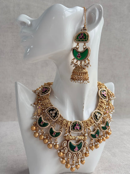 Ayura Designs Tafiza Necklace Set with Sahare Jhumki Earrings & Tikka – Emerald Green, Rani Pink, Kundan, Pearls & Antique Gold Finish
