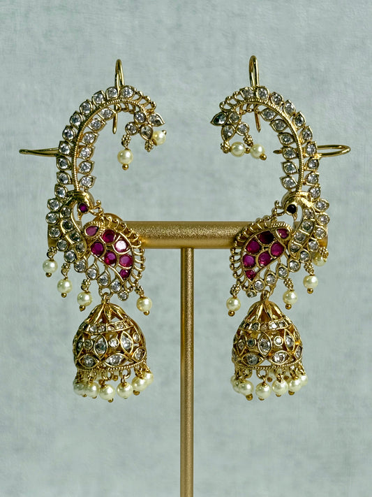 Ayura Designs Padma Earrings – Gold Half Ear Cuffs with Peacock Motif, Pink Stone Accents, Kundan Crystals & Pearl Jhumka Drops