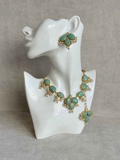 Ayura Designs Anahita Set with Tikka & Earrings – Amazonite, Crystals & Pearls