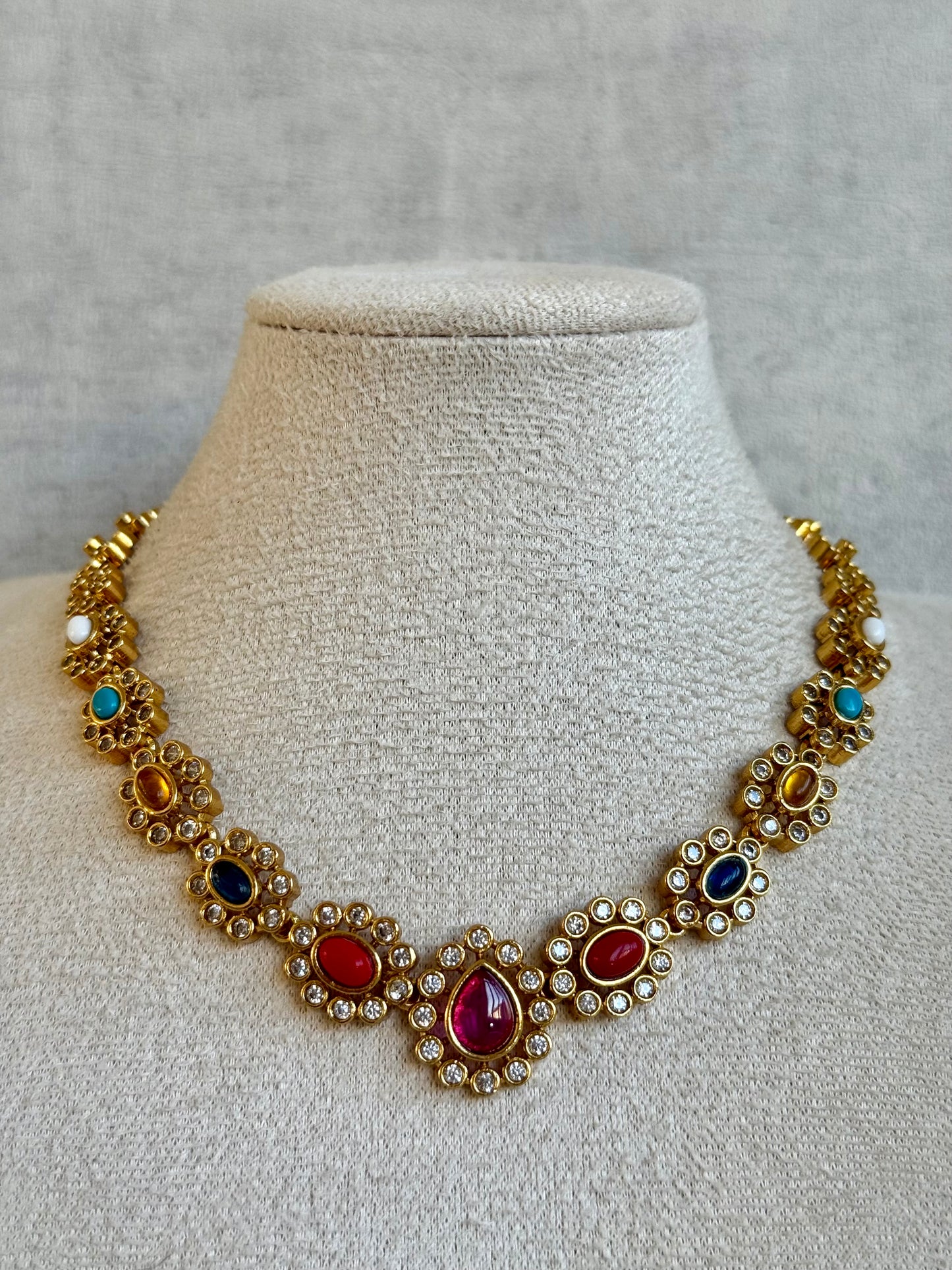 Ayura Designs Maanya Set with Earrings – Multicolour Stones with Rani Pink Centre & Crystal Detailing