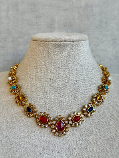 Ayura Designs Maanya Set with Earrings – Multicolour Stones with Rani Pink Centre & Crystal Detailing