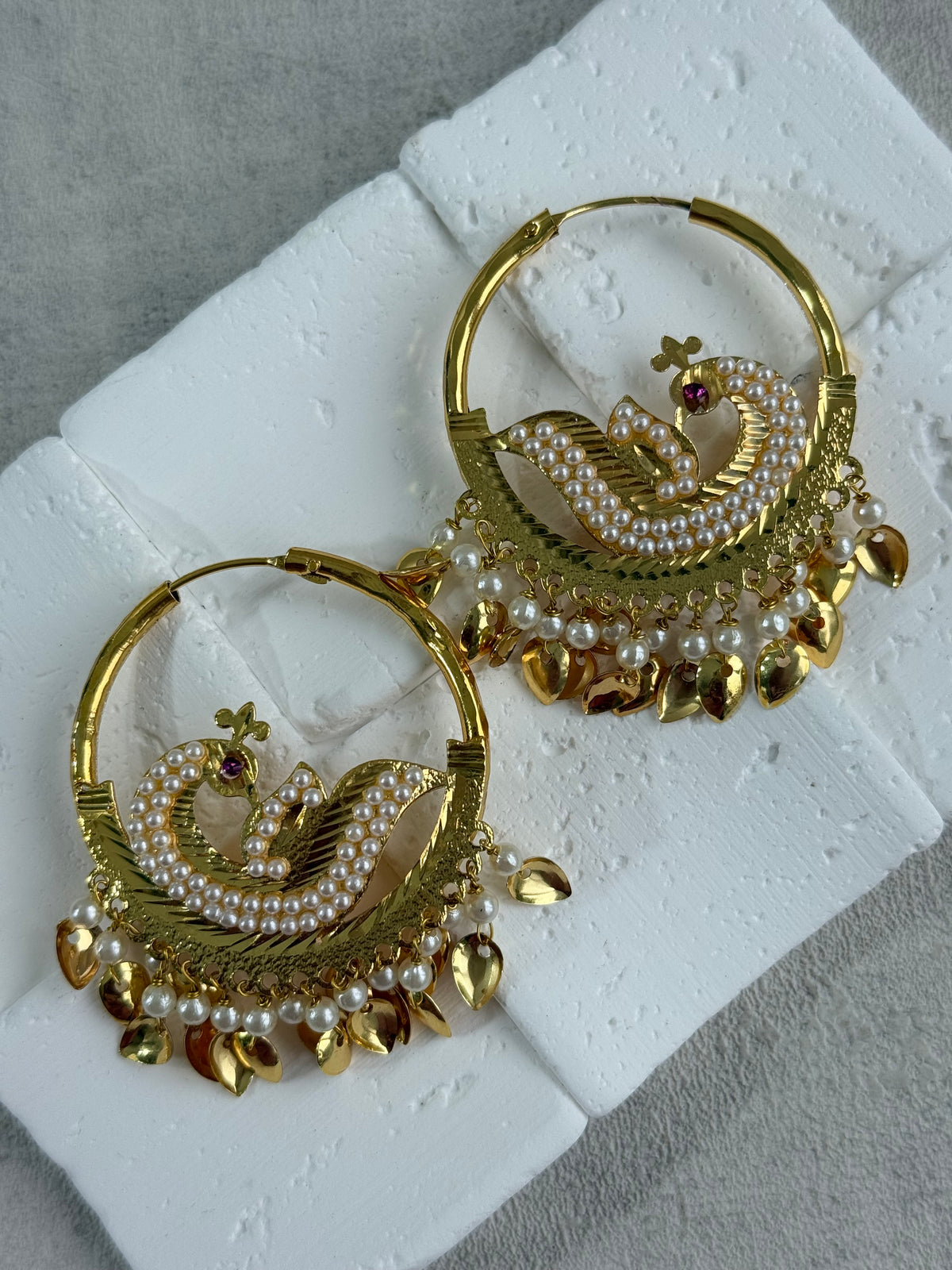 Ayura Designs Hansi Balis – Peacock Design with Pearl & Pippal Patti Detailing in Gold Finish