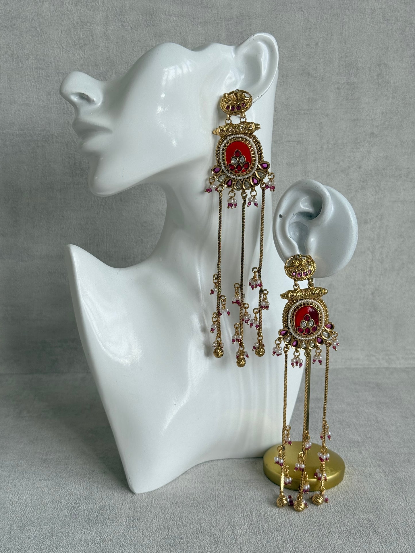 Ayura Designs Kaveri Earrings – Gold Long Chain Drop Earrings with Kundan, Pearls & Ghungroo Detailing – Ruby Red