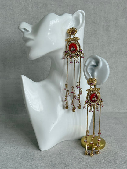 Ayura Designs Kaveri Earrings – Gold Long Chain Drop Earrings with Kundan, Pearls & Ghungroo Detailing – Ruby Red