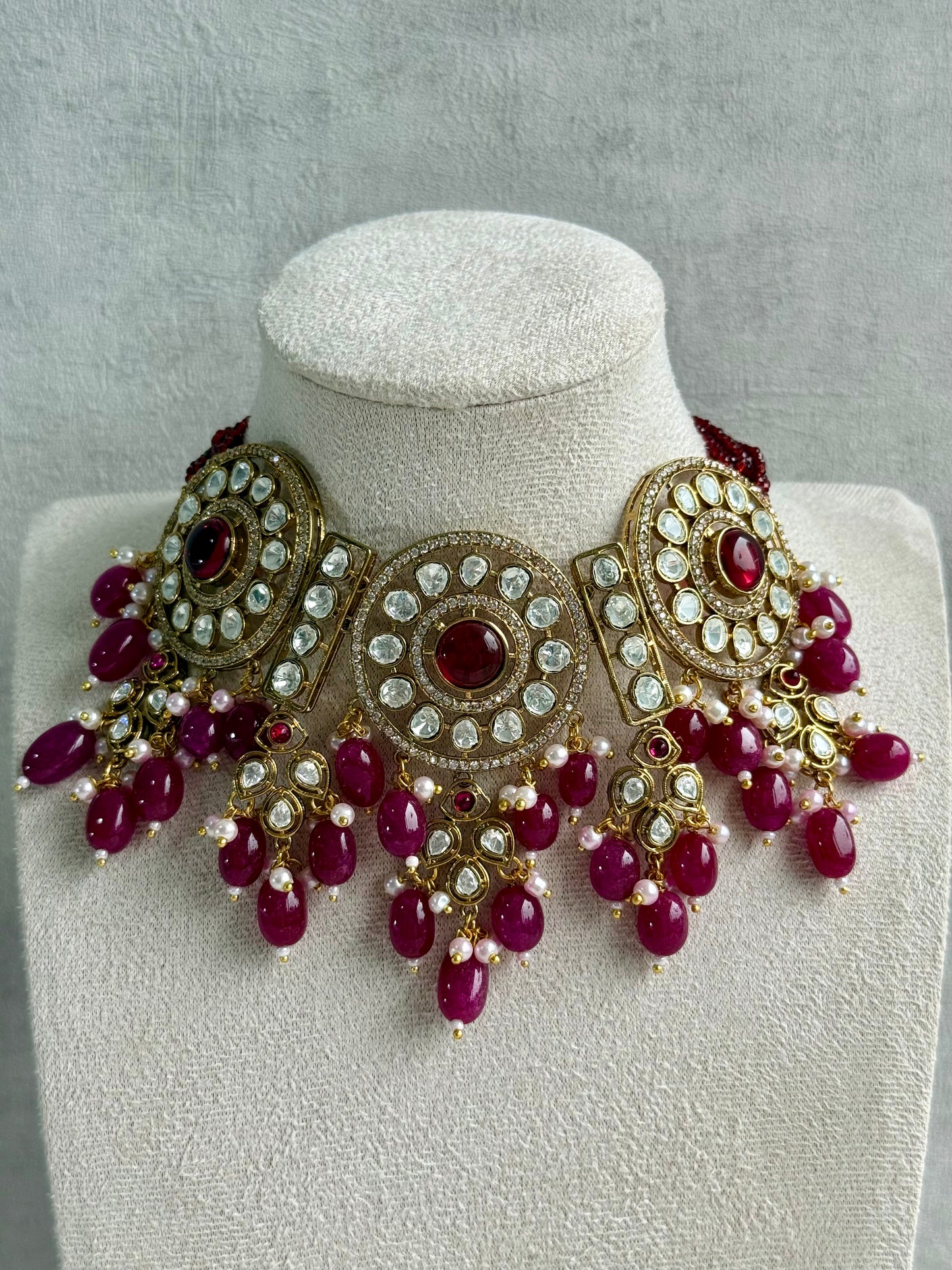 Ayura Designs Harper Set – Antique Gold Choker & Earrings with Deep Berry Pink Beads, Kundan Stones & Pearl Detailing