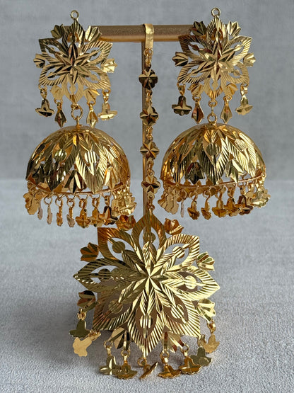Ayura Designs Mutiyar Tikka Set with Jhumkis – Gold Floral Design with Pippal Patti Drops