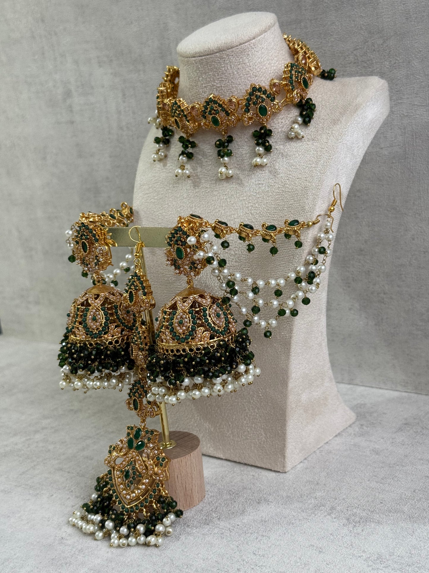 Ayura Designs Noor Set – Choker, Jhumkis with Sahare & Tikka in Emerald Green with Pearl Detailing