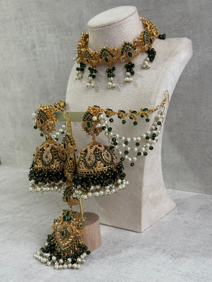 Ayura Designs Noor Set – Choker, Jhumkis with Sahare & Tikka in Emerald Green with Pearl Detailing