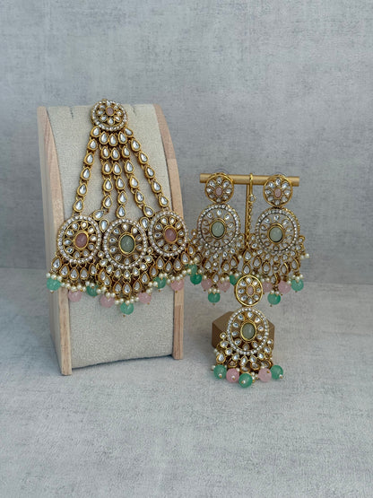 Ayura Designs Zara Set with Necklace, Earrings, Tikka & Passa – Antique Gold with Kundan Detailing & Mint Green & Blush Pink Beads