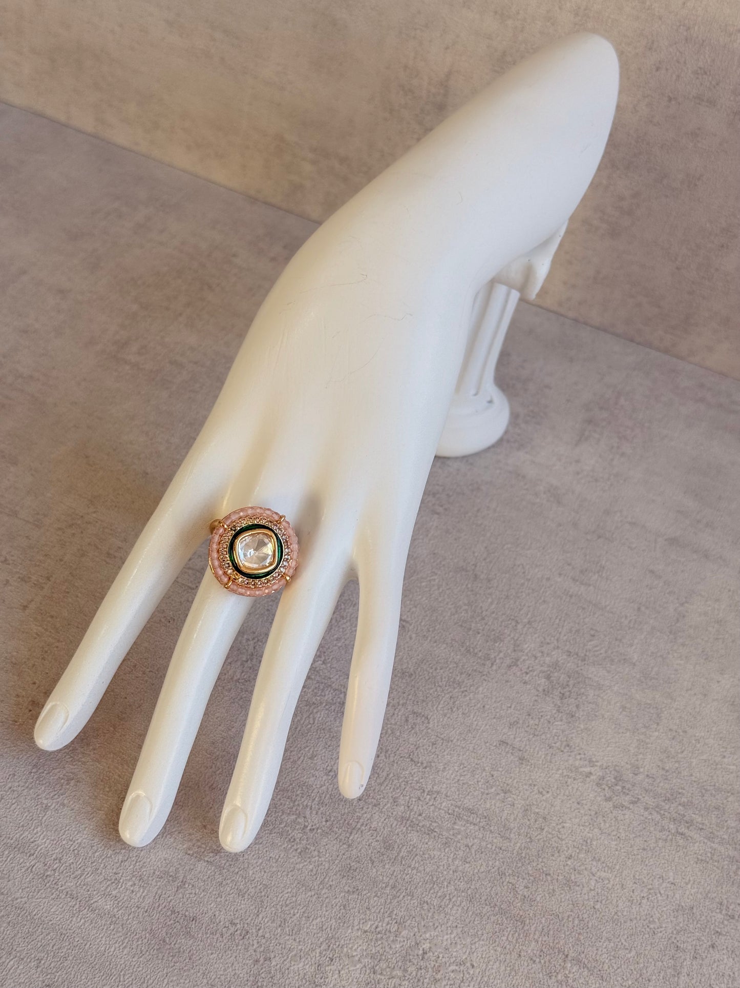 Ayura Designs Roselle Adjustable Ring – Moissanite Centre with Crystal Border & Blush Pink Beads