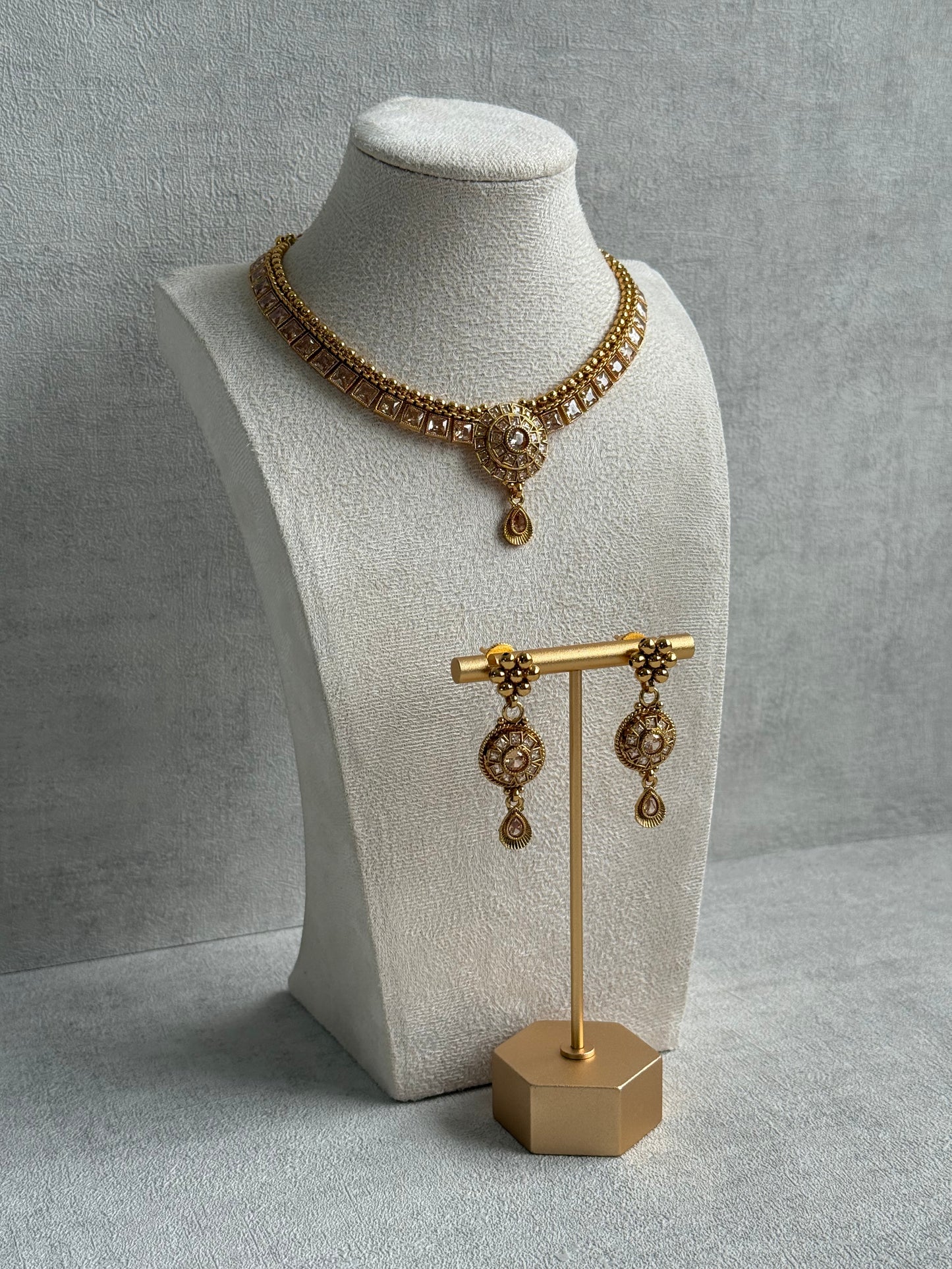 Ayura Designs Nithya Set – Gold Necklace & Earrings with Champagne Crystal Stones