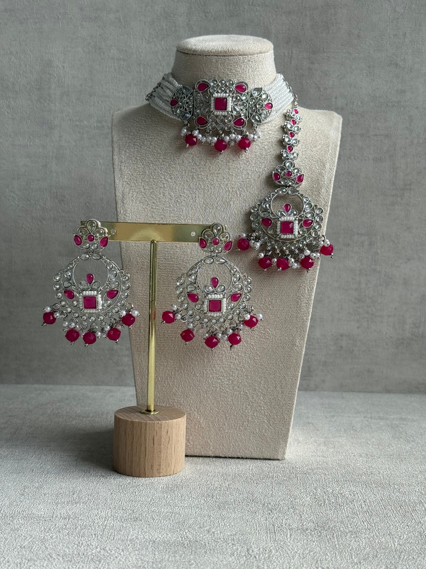 Ayura Designs Geet Set – Choker, Earrings & Tikka with Fuchsia Stones, Pearls & Silver Finish