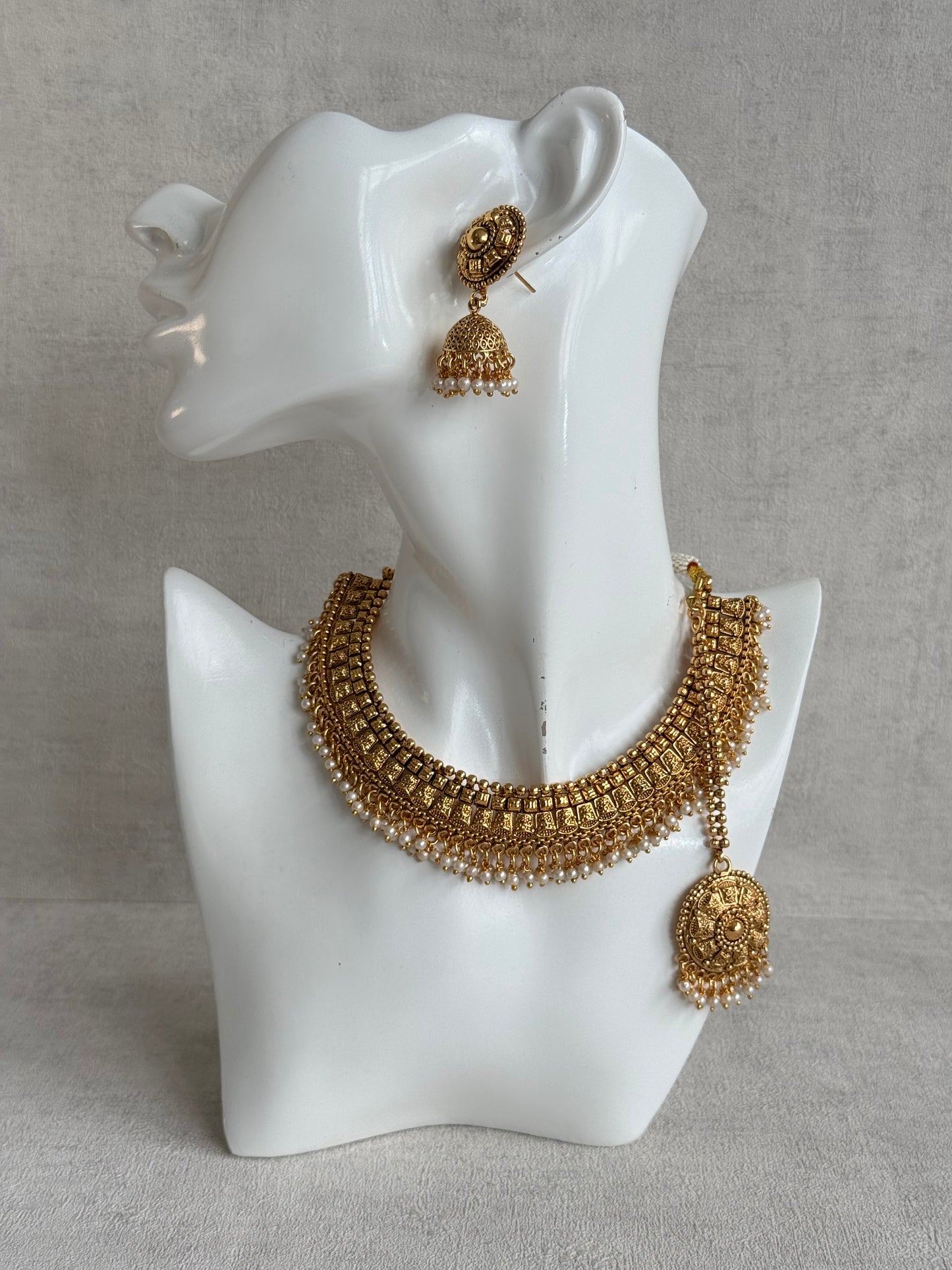 Ayura Designs Iksirat Necklace Set with Jhumkis & Tikka – Gold Heritage Design with Pearl Detailing