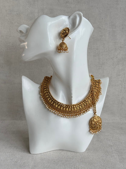Ayura Designs Iksirat Necklace Set with Jhumkis & Tikka – Gold Heritage Design with Pearl Detailing