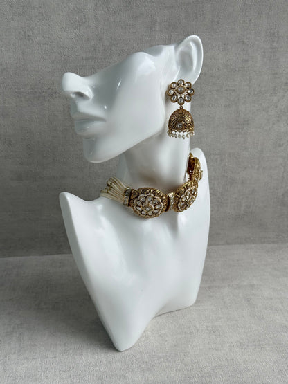 Ayura Designs Tanu Choker Set – Antique Gold Choker & Jhumkis with Kundan, Pearl Borders & Filigree Detailing