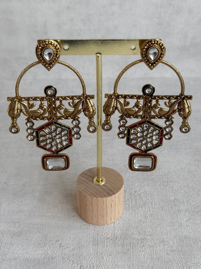 Ayura Designs Irene Earrings – Green & Pink Kundan, Meenakari & Crystal Peacock Chandeliers in Gold