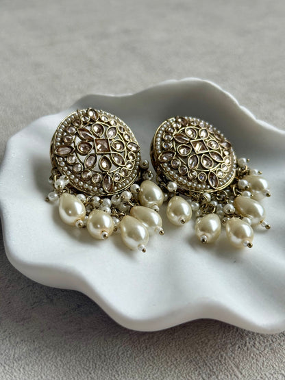 Ayura Designs Aynoor Earrings – Antique Gold Finish with Mirror-Cut Stones & Pearl Drops