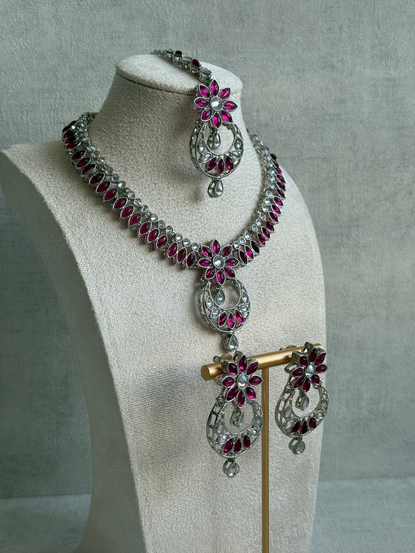 Ayura Designs Fareeha Set with Necklace, Earrings & Tikka – Mirror-Cut Stones, Fuchsia Floral Detailing & Silver Finish