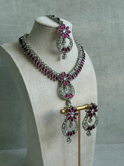 Ayura Designs Fareeha Set with Necklace, Earrings & Tikka – Mirror-Cut Stones, Fuchsia Floral Detailing & Silver Finish