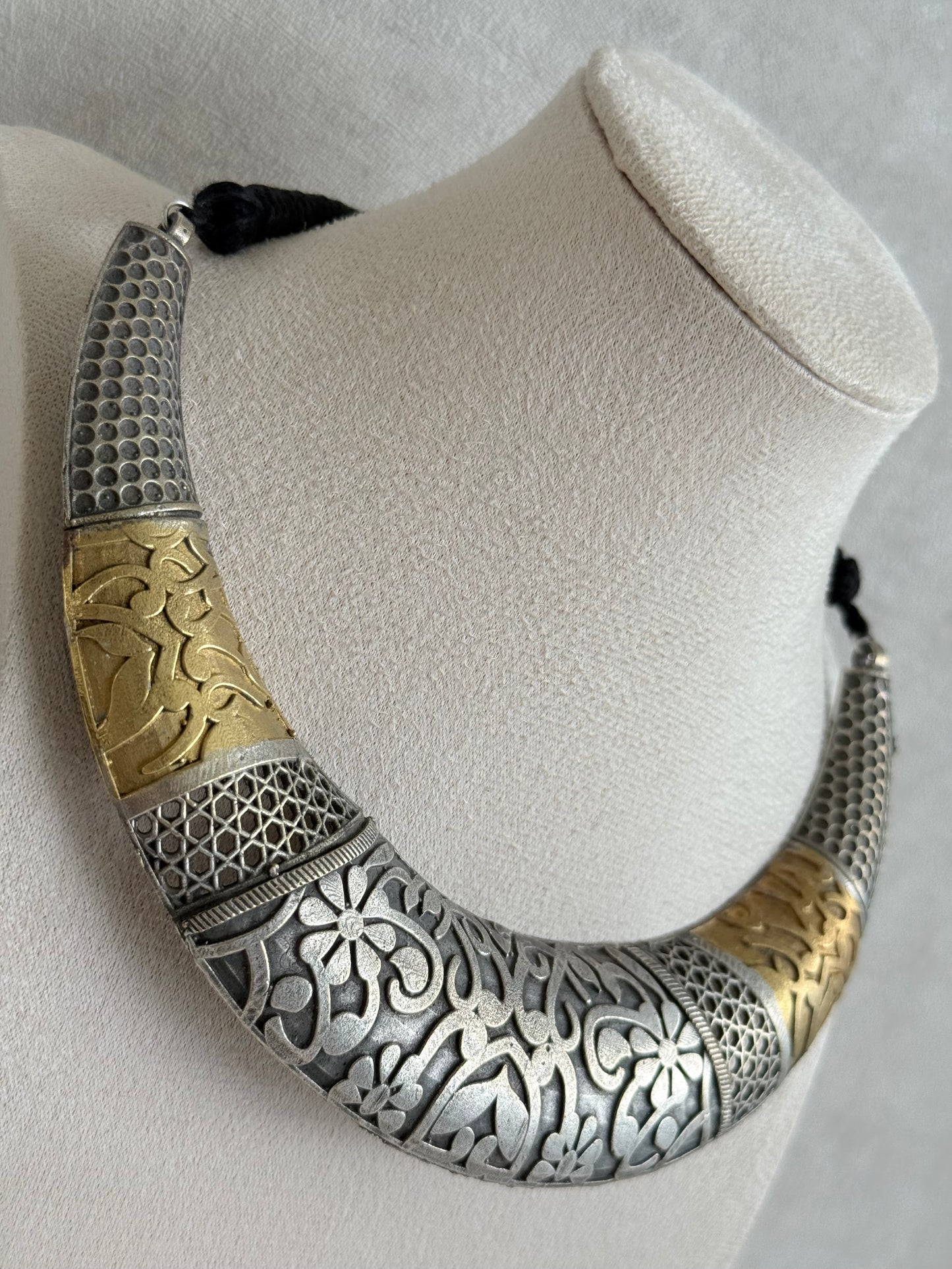 Ayura Designs Raahil Necklace Set with Earrings – Dual Tone Oxidised Statement Necklace with Floral Engraving & Cutwork Detailing