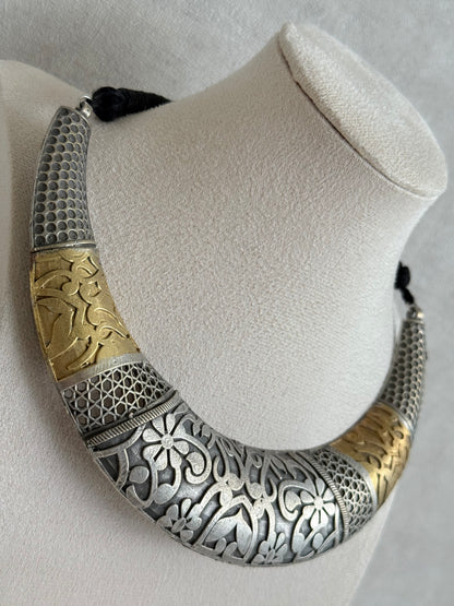 Ayura Designs Raahil Necklace Set with Earrings – Dual Tone Oxidised Statement Necklace with Floral Engraving & Cutwork Detailing