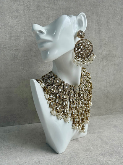 Ayura Designs Tanya Bridal Set with Necklace, Earrings & Tikka – Ivory Pearls, Mirror-Cut Stones & Antique Gold Finish