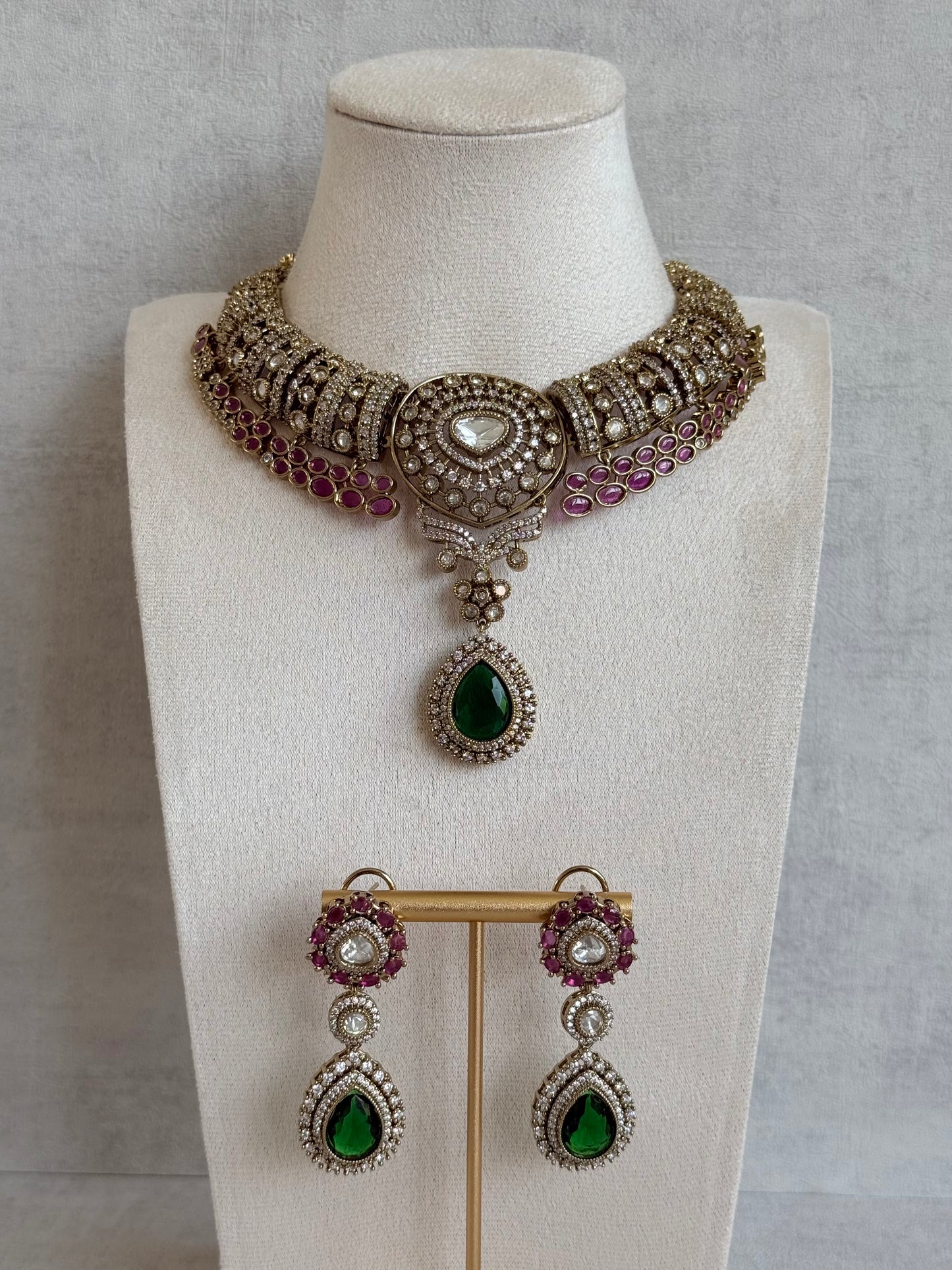 Ayura Designs Ahana Necklace Set with Earrings – Emerald Green Teardrop Stones, Ruby Pink Accents & Moissanite Detailing