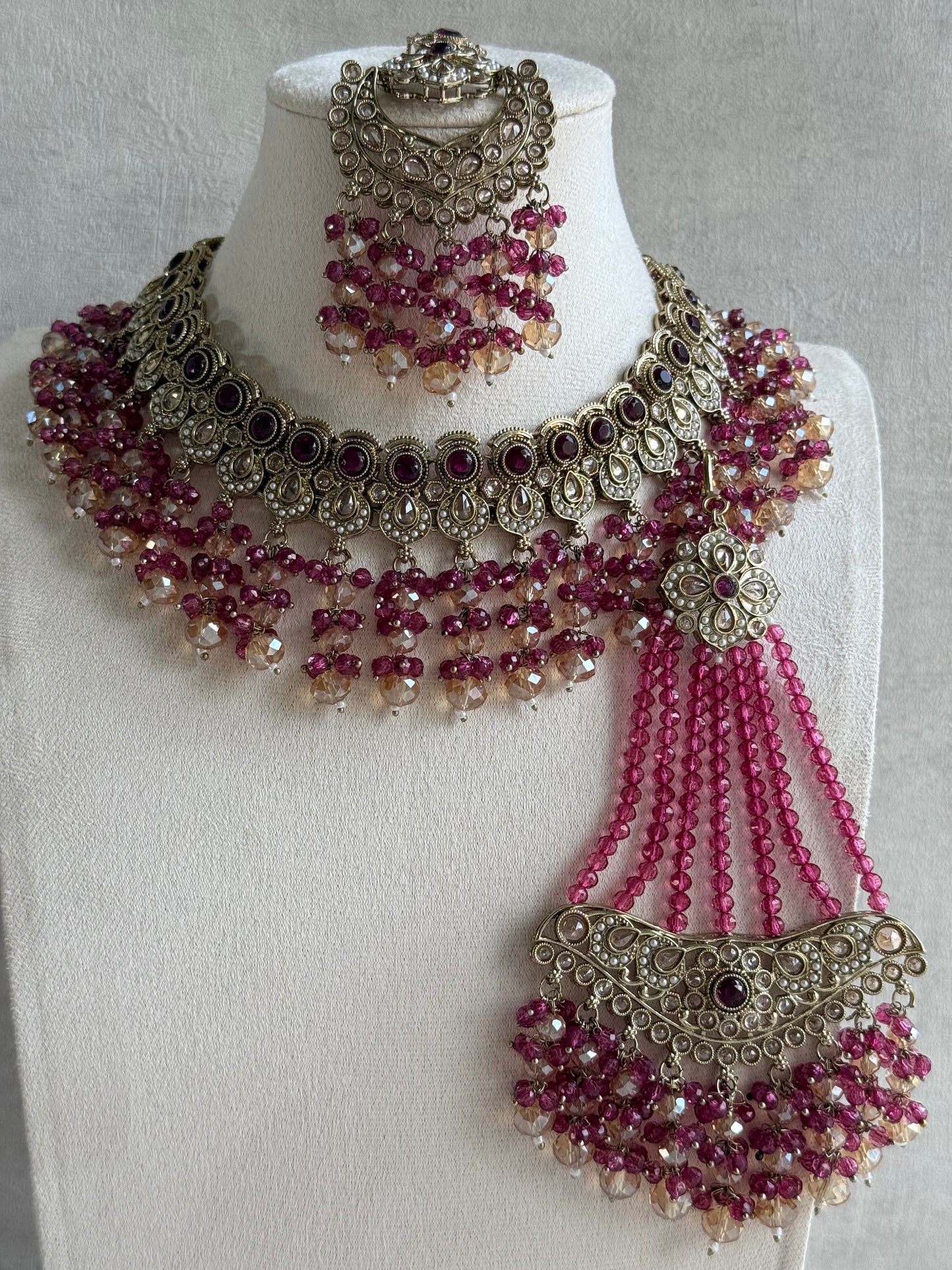 Ayura Designs Dilnaz Necklace Set with Earrings, Tikka & Passa – Berry Pink & Champagne Crystal Beads & Antique Gold Finish
