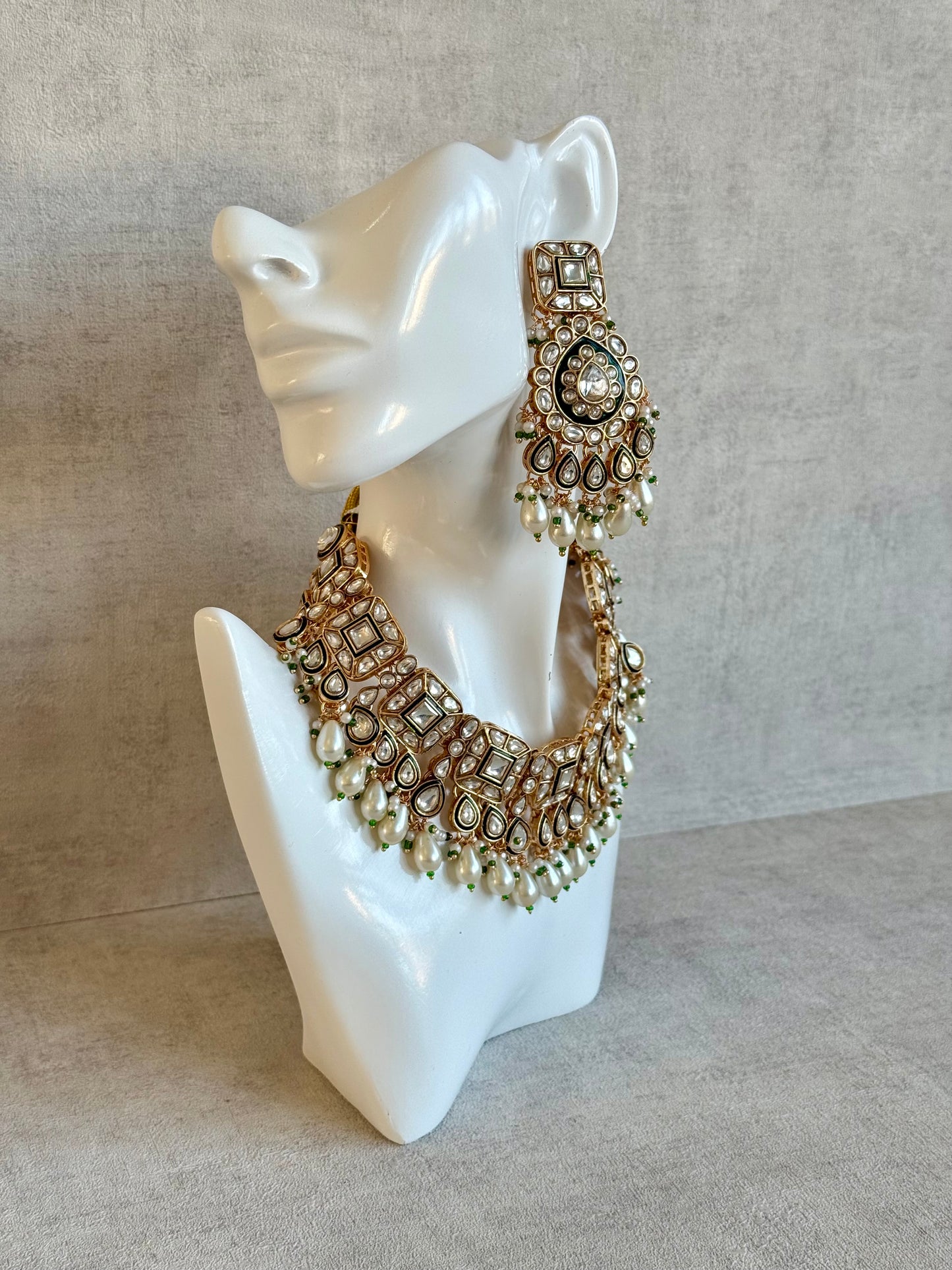 Ayura Designs Ishrat Set with Necklace, Earrings & Tikka – Kundan Detailing & Ivory Pearl Drops