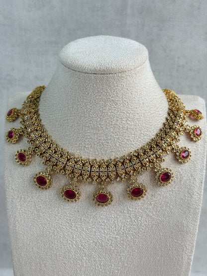 Ayura Designs Elisha Necklace Set with Earrings – Rani Pink & Crystal Stone Detailing