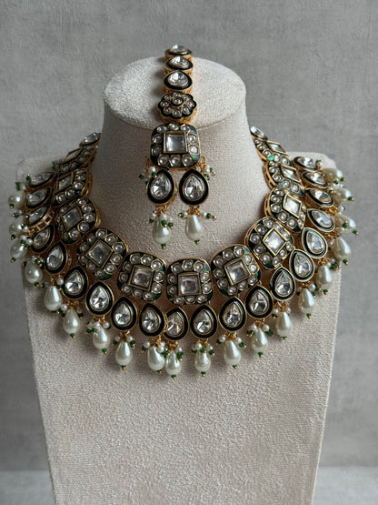 Ayura Designs Salma Set – Necklace, Earrings & Tikka with Mirror-Cut Kundan, Ivory Pearls, Emerald Green Meenakari & Gold Finish