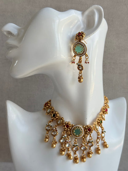 Ayura Designs Abira Necklace Set with Earrings – Kundan, Multicolour Stones, Pearl Detailing & Gold Finish