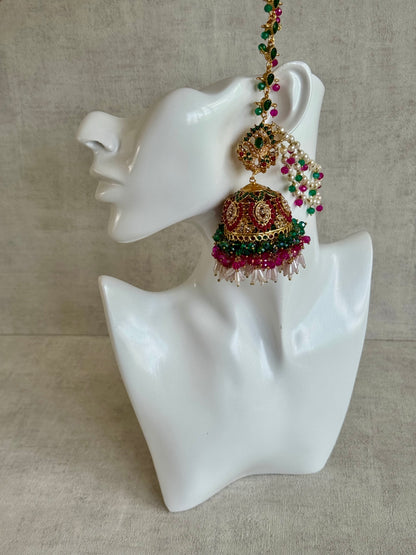 Ayura Designs Safia Tikka Set with Sahare Earrings – Multicolour (Emerald Green, Hot Pink & Ivory Beads)