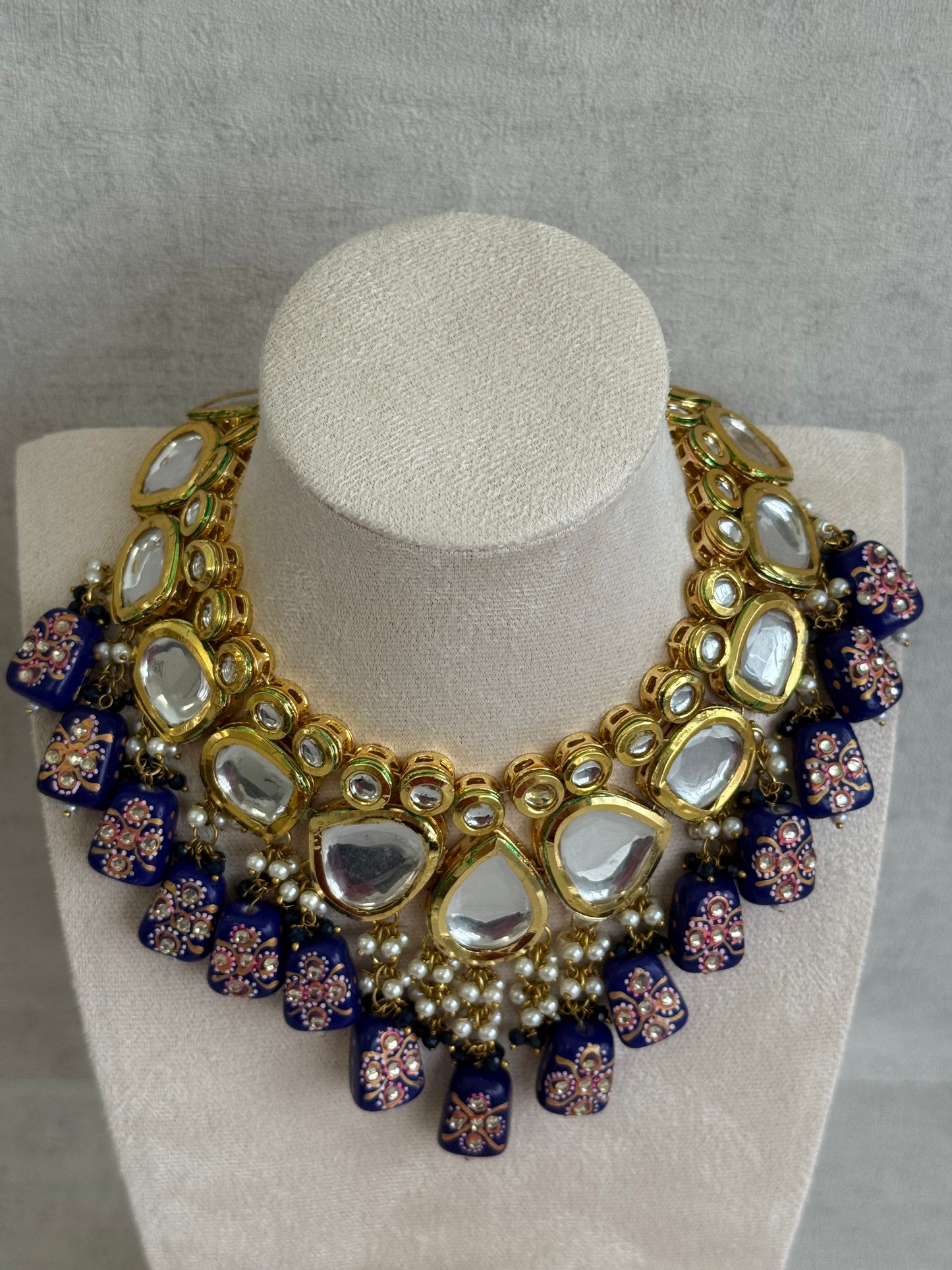 Ayura Designs Omika Set With Necklace And Earrings – Kundan Stones And Navy Blue Meenakari Drops
