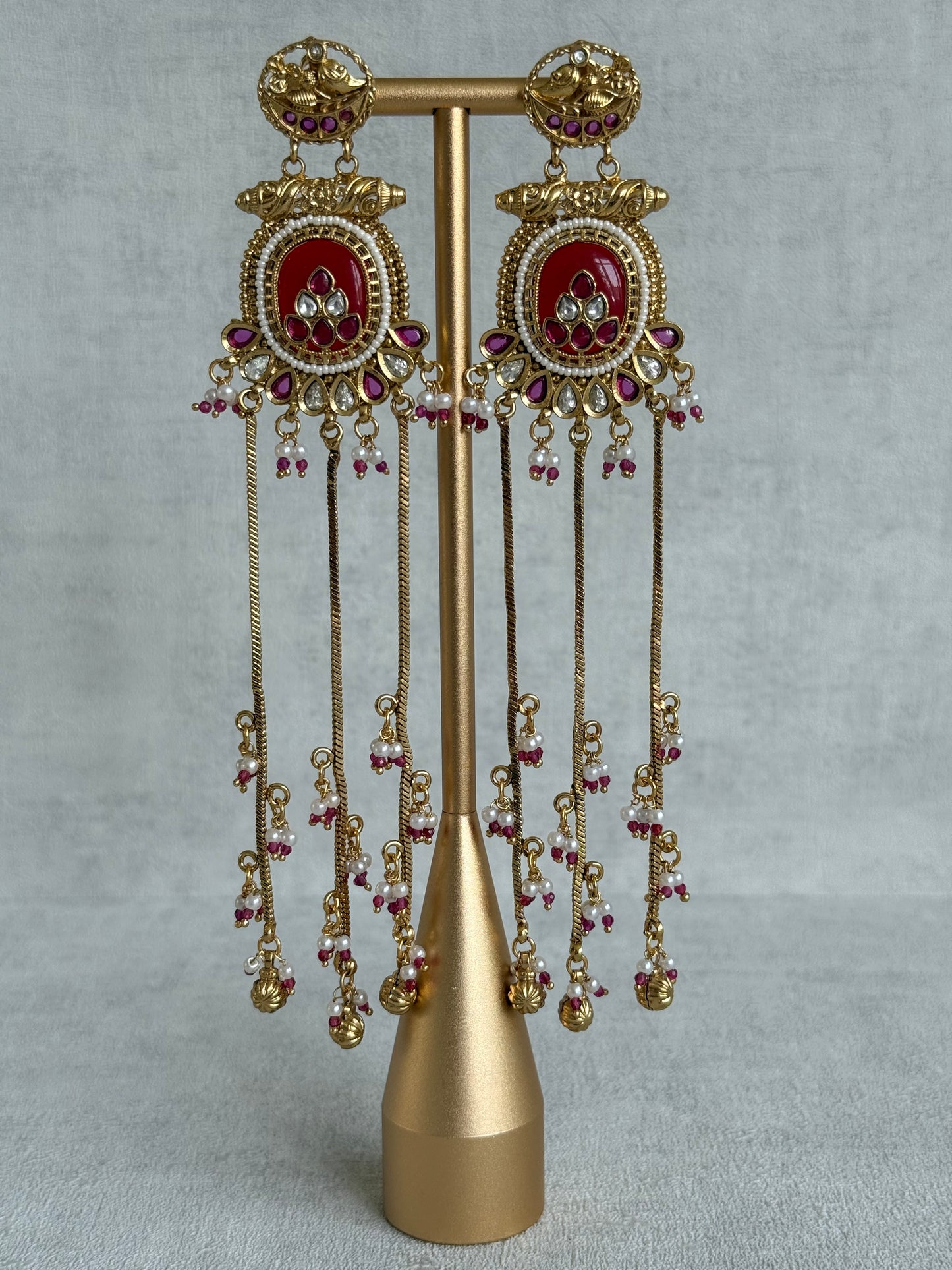 Ayura Designs Kaveri Earrings – Gold Long Chain Drop Earrings with Kundan, Pearls & Ghungroo Detailing – Ruby Red