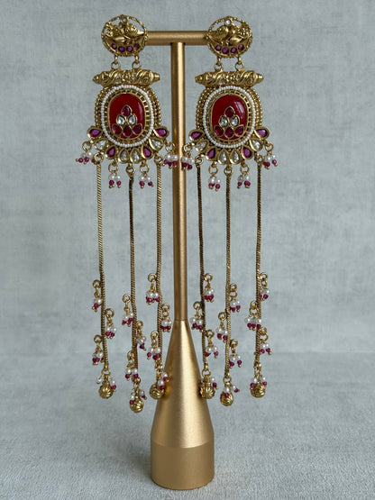 Ayura Designs Kaveri Earrings – Gold Long Chain Drop Earrings with Kundan, Pearls & Ghungroo Detailing – Ruby Red