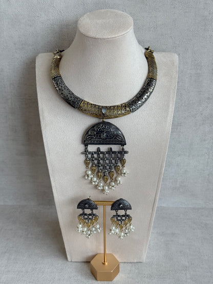 Ayura Designs Dhoop Necklace Set with Earrings – Dual Tone Oxidised Necklace with Lattice Pendant & Pearl Detailing