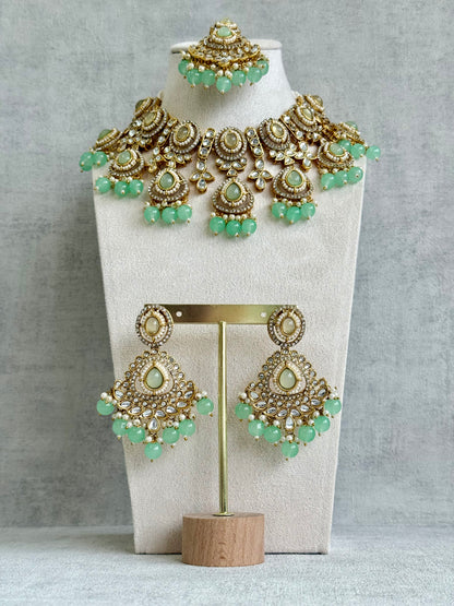 Ayura Designs Janvi Set with Necklace, Earrings & Tikka – Kundan Detailing, Mint Green Beads & Pearls Drops