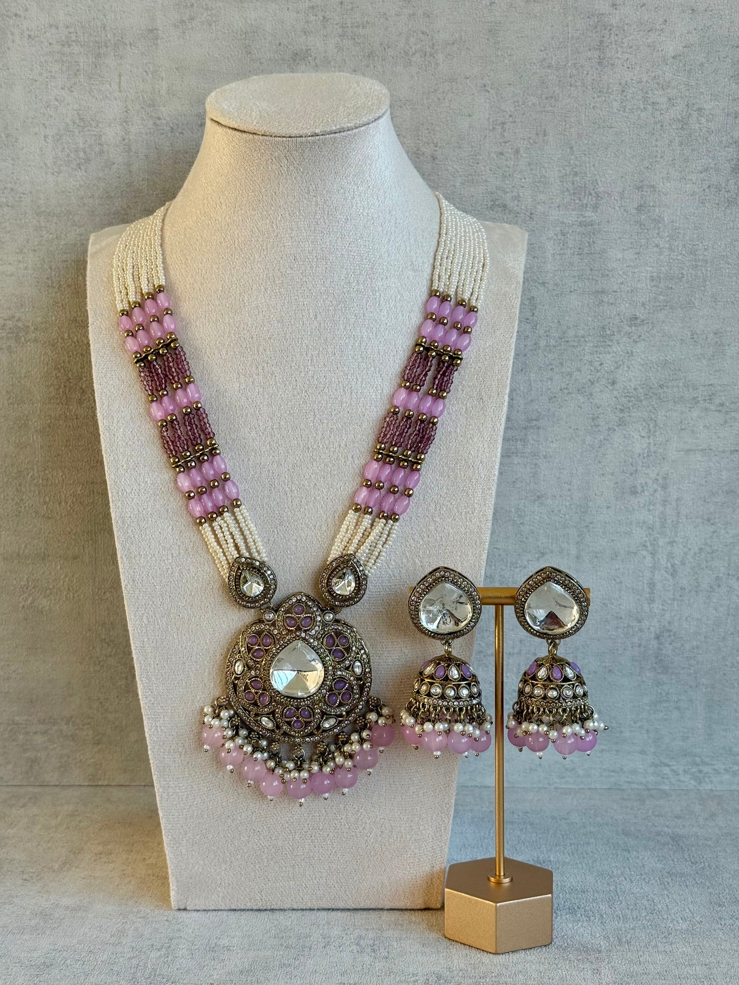 Ayura Designs Brielle Set – Necklace & Jhumkis with Mirror-Cut Stones, Dual-Tone Lilac & Ivory Beads