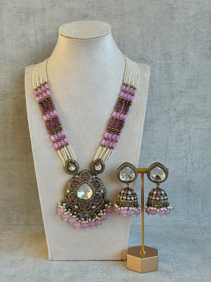 Ayura Designs Brielle Set – Necklace & Jhumkis with Mirror-Cut Stones, Dual-Tone Lilac & Ivory Beads