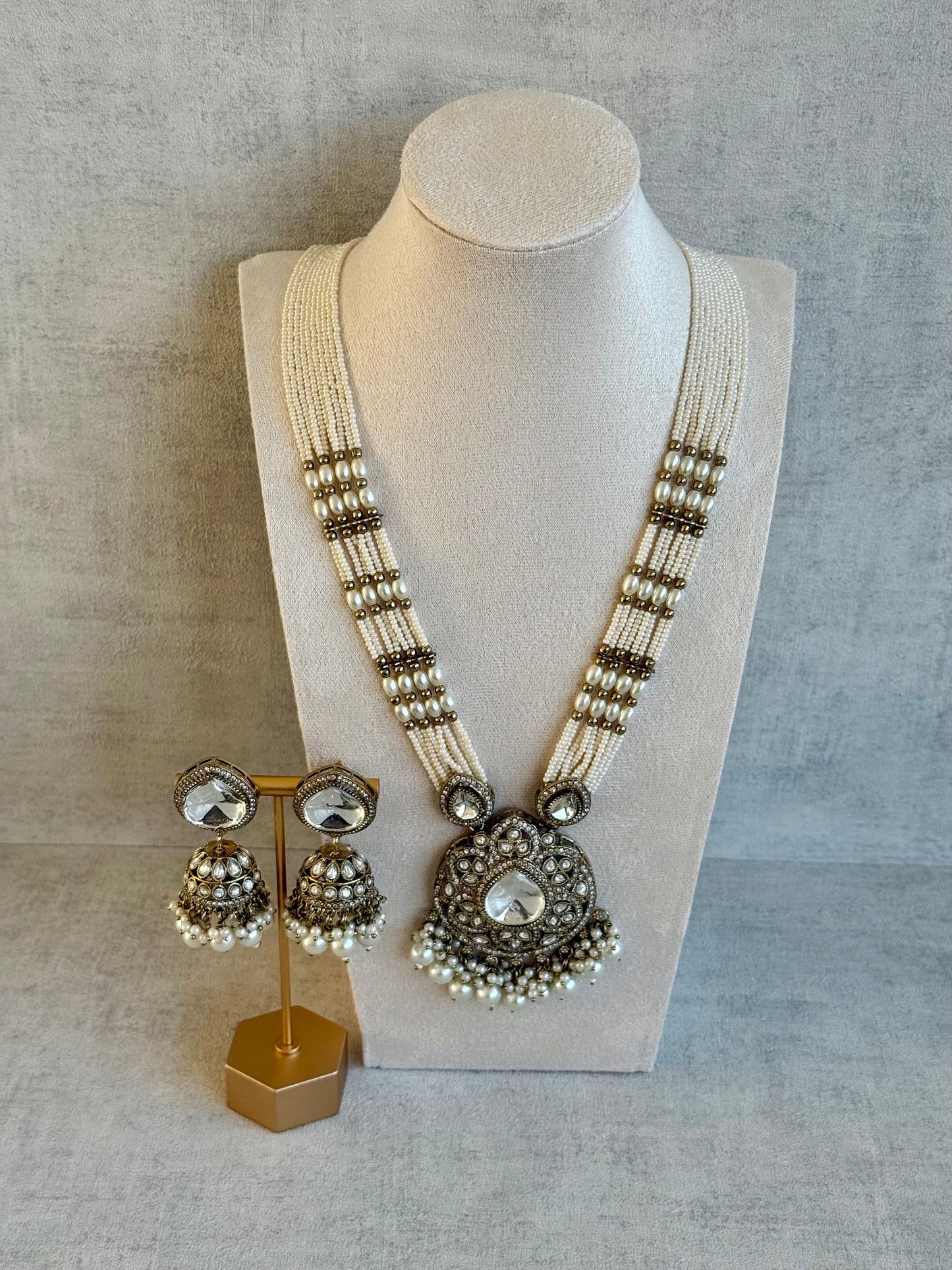 Ayura Designs Brielle Set – Necklace & Jhumkis with Mirror-Cut Stones & Ivory Pearls