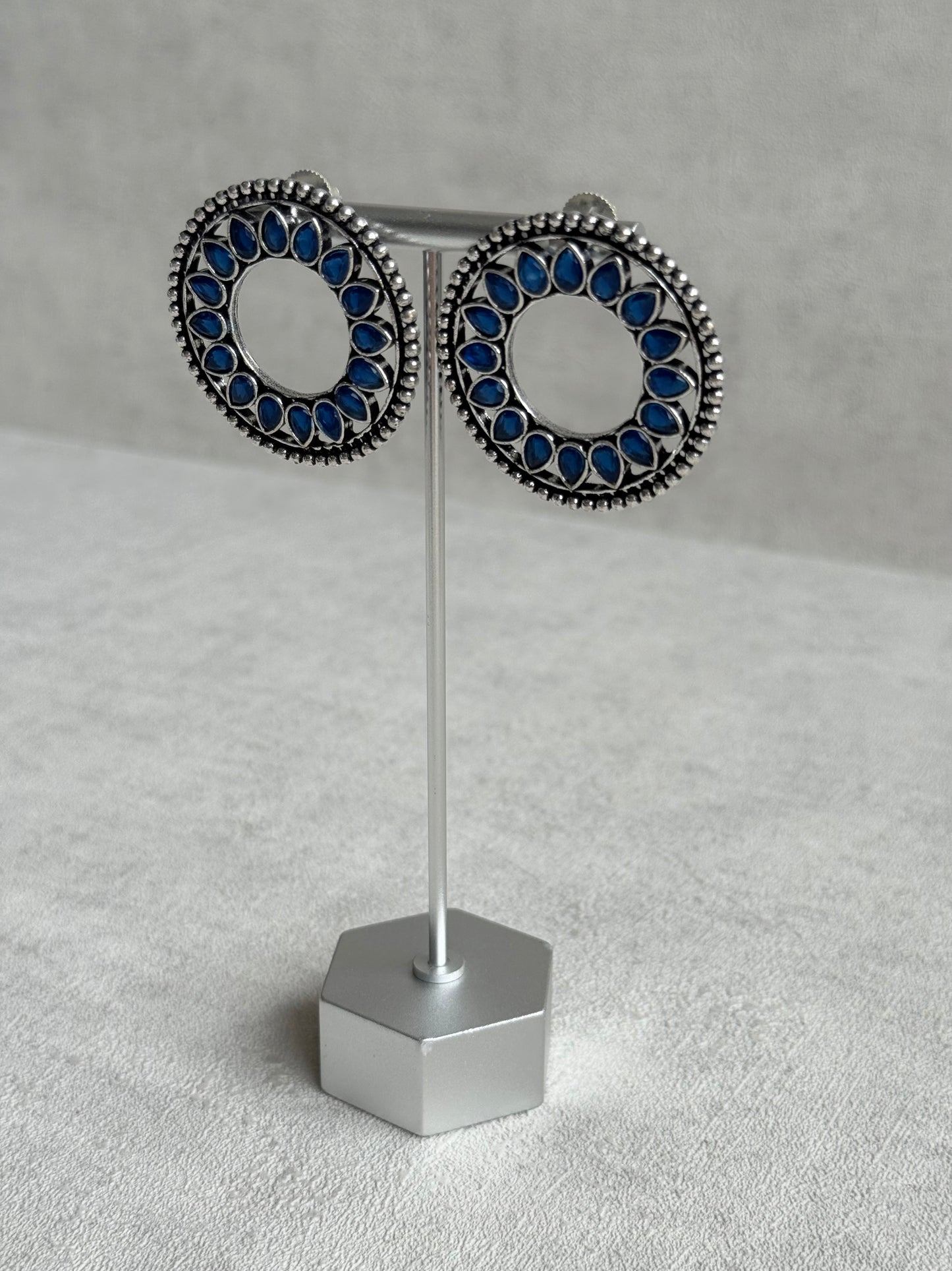 Ayura Designs Kesar Studs – Statement Oxidised Stud Earrings with Ink Blue Stones