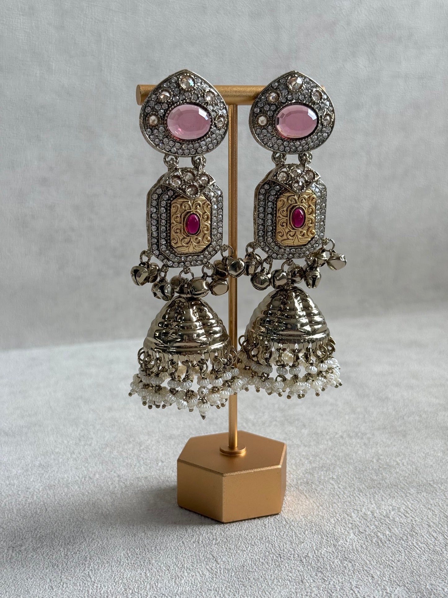 Ayura Designs Maara Jhumkis – Champagne Gold with Rose Pink & Rani Pink Stones, Crystals, Ghungroos & Pearl Detailing