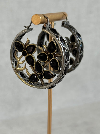Ayura Designs Nureh Earrings – Dual Tone Floral Hoop Earrings with Black Stones & Cutwork Detailing