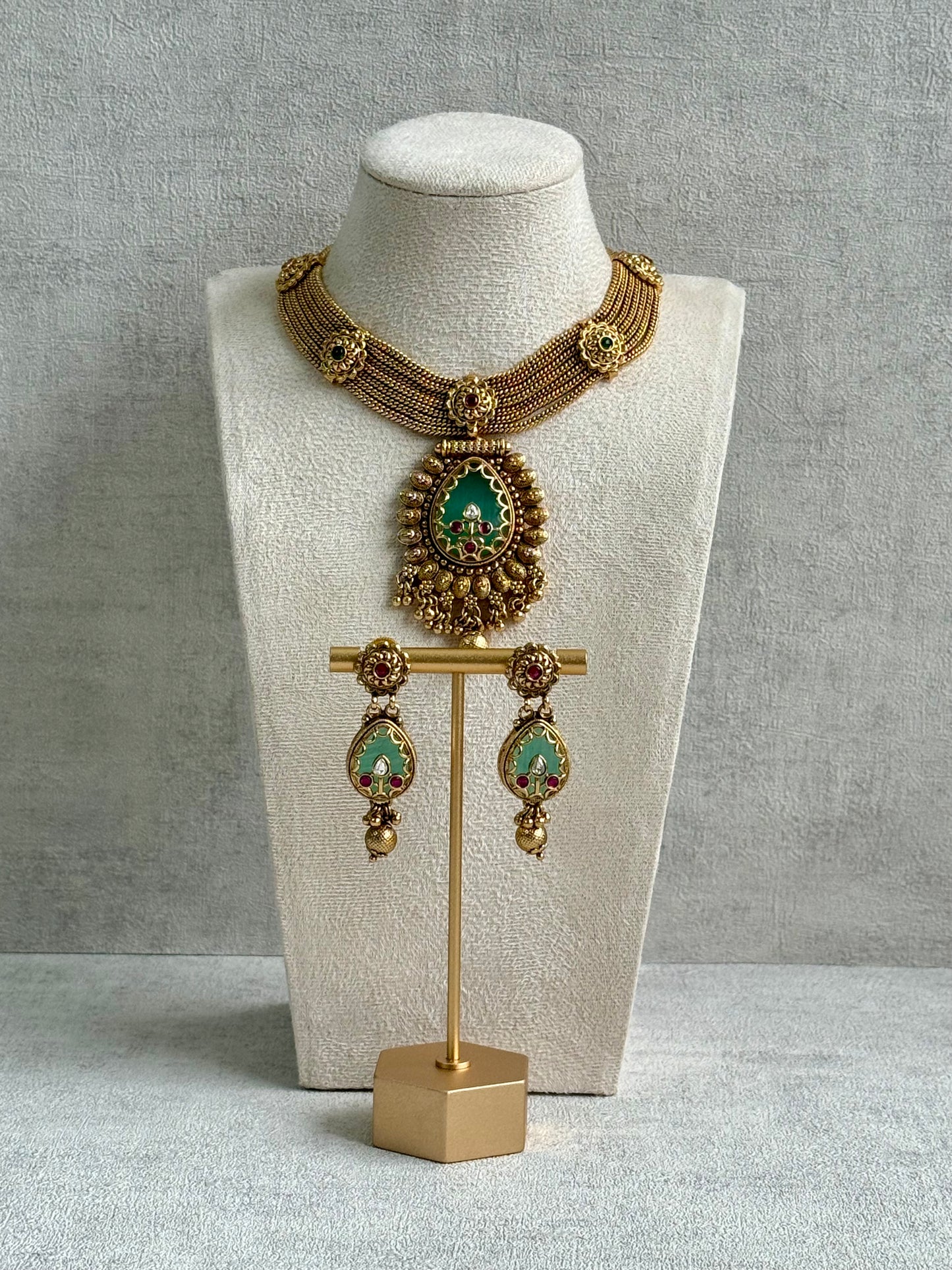 Ayura Designs Ishani Set – Necklace & Earrings with Antique Gold Finish, Pistachio Enamel, Ruby & Polki Detailing