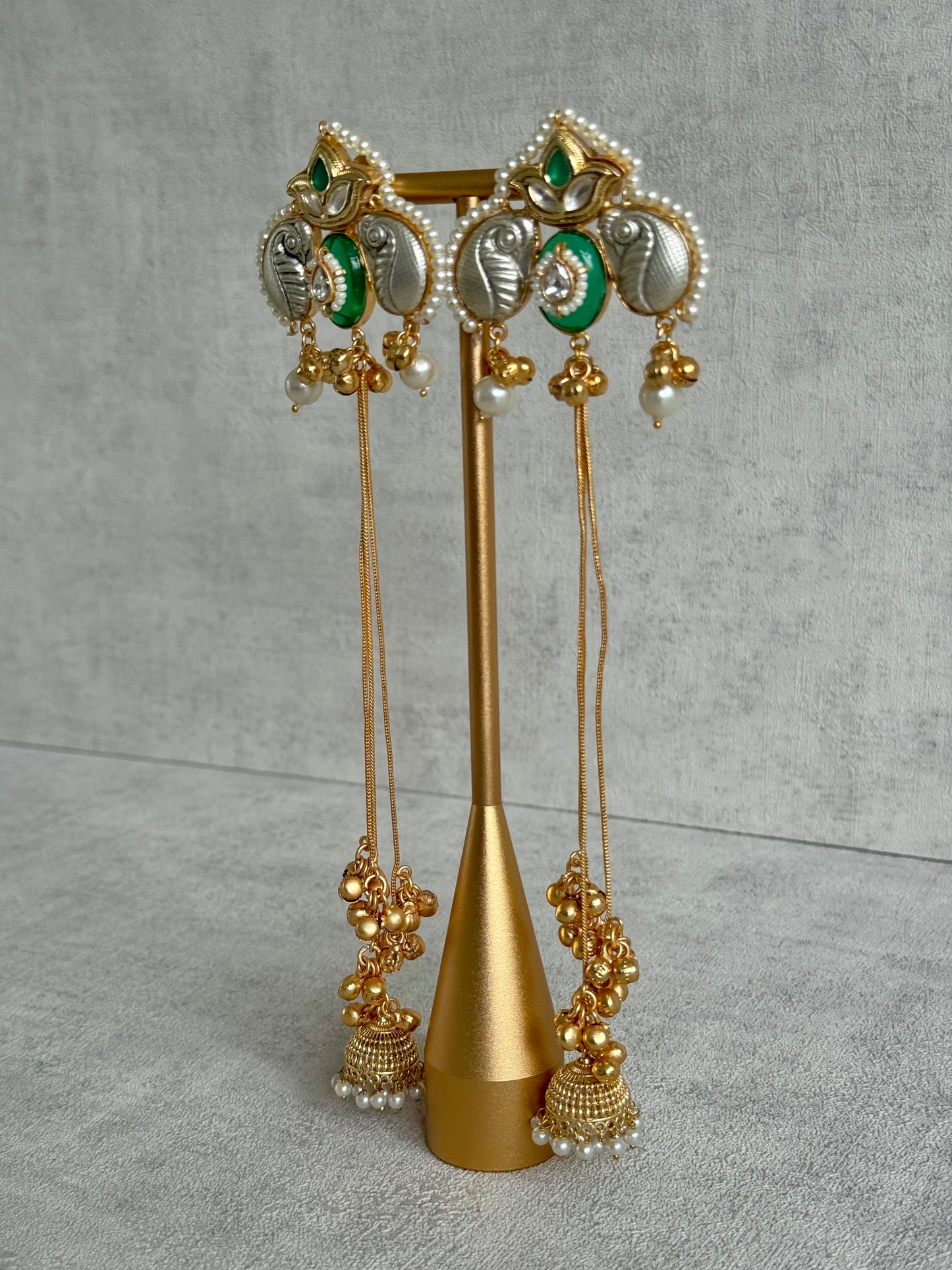 Ayura Designs Sozni Kashmiri Earrings – Meenakari with Emerald Green & Diamond-Cut Detailing