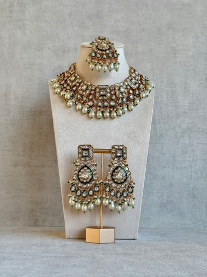 Ayura Designs Ishrat Set with Necklace, Earrings & Tikka – Kundan Detailing & Ivory Pearl Drops