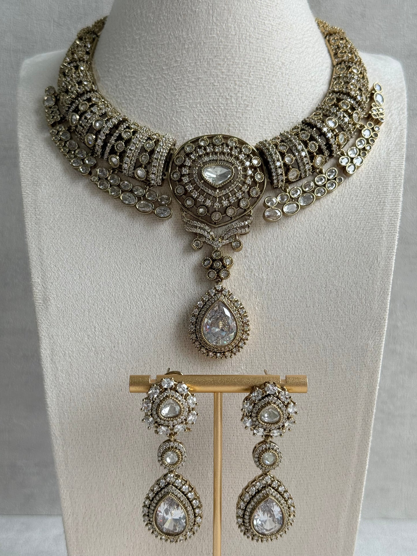 Ayura Designs Ahana Necklace Set with Earrings – Crystal Teardrop Stones & Moissanite Detailing