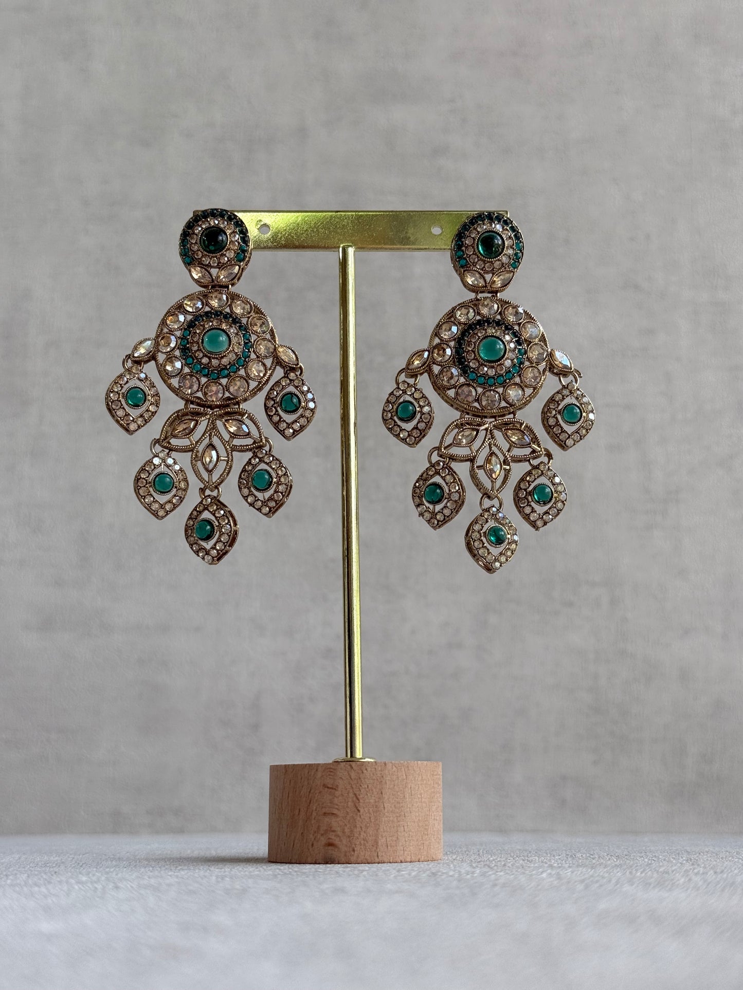 Ayura Designs Vanika Earrings – Teal Green & Champagne Crystal Gold Finish